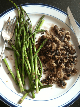Lunch: 1/4 cup of Quinoa cooked in water and 1/4 cup of chili beans (mix of pinto, kidney, black); cup of grilled baby asparagus and tablespoon of garlic Lunch: 1/4 cup of Quinoa cooked in water and 1/4 cup of chili beans (mix of pinto, kidney, black); cup of grilled baby asparagus and tablespoon of garlic